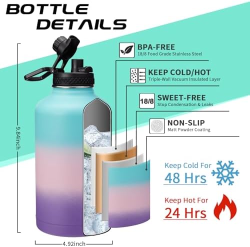 64OZ Insulated Water-Bottle with Paracord-Handle - Half Gallon Water Bottle Jug with Straw & Spout Lids, Bottle Sleeve & Boot, Keep Cold-48h Hot-24h for Fitness Camping Hunting, Hiking
