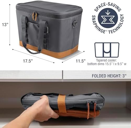 CleverMade Collapsible Cooler Bag, 50 Can Beach & Travel Car Cooler, Folding Soft Cooler, Shoulder Strap, Bottle Opener, Great Car Coolers for Travel, Leak Proof Cooler Bag [Cool Gray/Cognac]