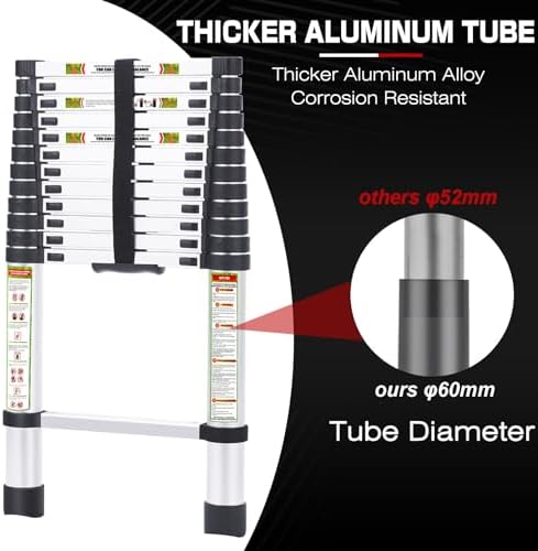 RIKADE Telescoping Ladder 12.5FT & Attic Ladder, Heavy Duty Aluminum with Non-Slip Feet, 330lb Capacity for RV, Attic, Roof & Multi-Surface Use