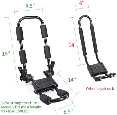 Leader Accessories Folding Kayak Rack 4 PCS/Set J Bar Car Roof Rack for Canoe Surf Board SUP On Roof Top Mount on SUV, Car and Truck Crossbar with 4 pcs Tie Down Straps