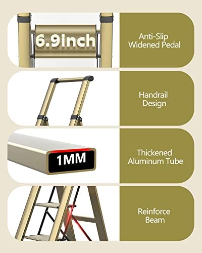 WOA WOA 4 Step Ladder, Ladders for Home, Anti-Slip Pedals, Aluminum Step Stool Foldable, Lightweight to Move, Ease of Storage, Reach 9ft for Closet Kitchen Library, Hold 300lbs - Gold