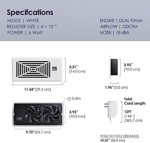 Quiet Register Booster Fan Fits 4" x 10" Register Holes, 10-Speed Smart Heating Cooling AC Vent Fan with Remote Control and Thermostat Control - White