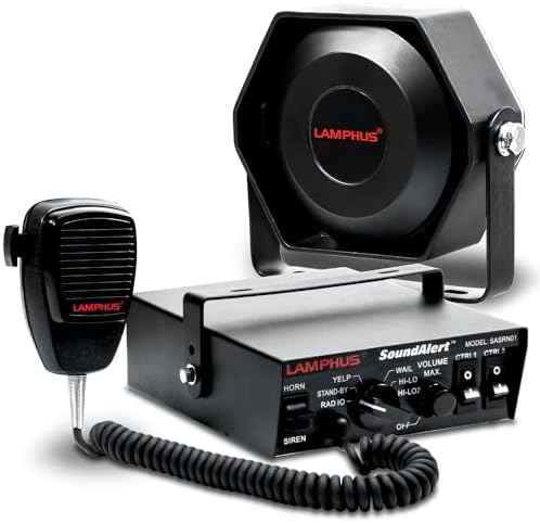 LAMPHUS SoundAlert 12V 100W Police Siren PA System Kit [Slim Speaker] [118-124dB] [Handheld Microphone] [Hands-Free] Warning Emergency Siren for Vehicles Tow Truck UTV ATV Van Car POV RV