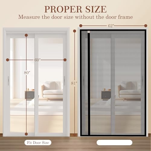 Yotache Left Right Side Universal Opening Magnetic Screen Door Fits Door Size 60 x 80, Reinforced Sewing Net Curtain for Balcony, French, Sliding Glass Door, Actual Screen Size 62" x 81"