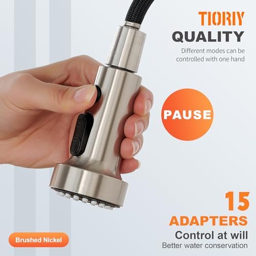 with 15 Adapters Pull Down Kitchen Sink Faucet Head Replacement, 3 Functions Plastic Kitchen Sink Sprayer Nozzle Replacement for Kitchen Faucet, Pause Mode (Brushed Nickel)