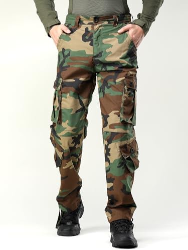 Men's Camo Cargo Work Pants Ripstop Lightweight Wild Army Military BDU Outdoor Trousers with 8 Pocktets (No Belt)