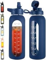 CIVAGO 40 oz Glass Water Bottle with Straw and Handle, Large Sports Motivational Water Bottle Flask with Time Marker and 2 Lids, Leakproof Water Jug Canteen with Silicone Sleeve for Gym,Navy