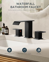 FORIOUS Matte Black Waterfall Bathroom Faucets 3 Hole, 8 Inch Widespread 2 Handles Bathroom Sink Faucet with Pop-up Drain and Flexible Hot and Cold Water Hoses, Suitable for Vanity RV Restroom