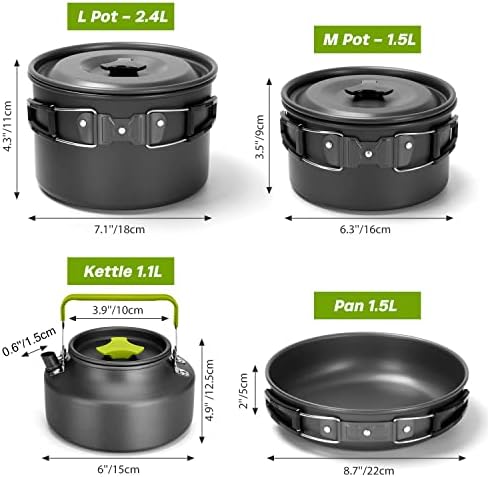 Odoland 29pcs Camping Cookware Mess Kit, Non-Stick Lightweight Pots Pan Kettle, Collapsible Water Container and Bucket, Stainless Steel Cups Plates Forks Knives Spoons for Outdoor Backpacking Picnic
