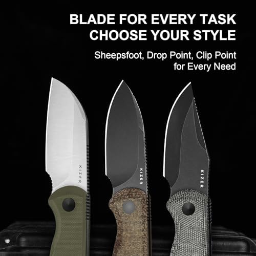 Kizer Drop Bear Fixed Blade Knife, 2.57" Black Stonewash D2 Blade EDC Camping Knife with Olive Green G10 Handle & Hidden Tool, Full Tang Hunting Survival Knives with Adjustable Kydex Sheath, 1094M1