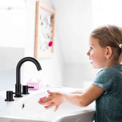 FGKQ Black Bathroom Faucet for Sink 3 Hole, Bathroom Sink Faucet with Pop Up Drain, 8 Inch Widespread Vanity Faucet 3 Hole, 360° Swivel Two Handle with Supply Lines