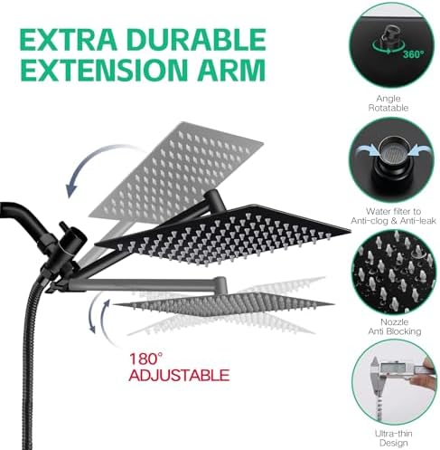 Shower Head,10”Rain Shower Head with Handheld Spray Combo and Adjustable Extension Arm/3-Way Flow Regulator/Shower System,High Pressure Rain Fall Hose,Matt Black