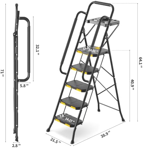 KINGRACK 5 Step Ladder with Tool Platform, Folding Step Stool with Handrails, Sturdy Steel Ladder with Wide Pedal, 800 LBS Portable Safety Ladder for Adults Painting Home Outdoor Garage