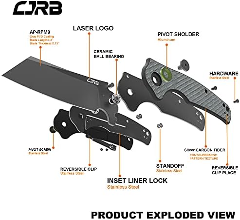 CJRB Crag Folding Pocket Knife, 3.43" AR-RPM9 Steel Blade Carbon Fiber Handle EDC Knife with Pocket Clip for Men Women Camping Survival Hiking, Grey (J1904)