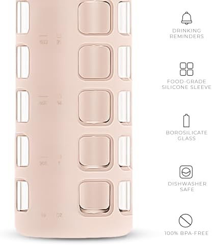 purifyou 40/32/22/12 oz Borosilicate Glass Water Bottles with Volume Markers, Silicone Sleeve, Stainless Steel Lid, Reusable Bottle for Water, Juice, Gym, and Fridge Storage (32oz Hazelnut)