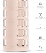 purifyou 40/32/22/12 oz Borosilicate Glass Water Bottles with Volume Markers, Silicone Sleeve, Stainless Steel Lid, Reusable Bottle for Water, Juice, Gym, and Fridge Storage (32oz Hazelnut)