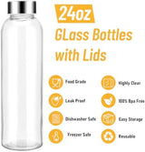 Sursip 24oz Glass Water Bottle Set of 6, Leak Proof Clear glass juice bottle for juicing, Reusable Drinking Bottles with Stainless Steel Lid, Beverage Storage Containers for Refrigerator-BPA Free