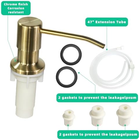 Soap Dispenser for Kitchen Sink, Built in Sink Soap Dispenser, Countertop Soap Dispenser Pump with 47" Extension Tube kit, No Need to Fill Little Bottle Again, Golden
