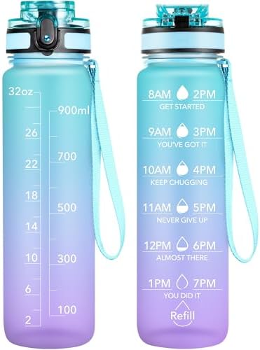 OLDLEY Water Bottle, 32oz Motivational Sports Water Bottle with Time Marker - Times to Drink - Tritan, BPA Free, Wide Mouth Leakproof, Glacier (1 Bottle)