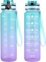 OLDLEY Water Bottle, 32oz Motivational Sports Water Bottle with Time Marker - Times to Drink - Tritan, BPA Free, Wide Mouth Leakproof, Glacier (1 Bottle)