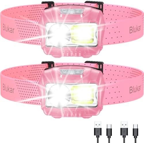 Headlamp Flashlight, 2-Pack Super Bright LED Rechargeable Headlight - Spotlight&Floodlight Combination, Sensor Control, 8 Modes,IPX5 Waterproof, 20+Hrs Runtime for Camping-Pink