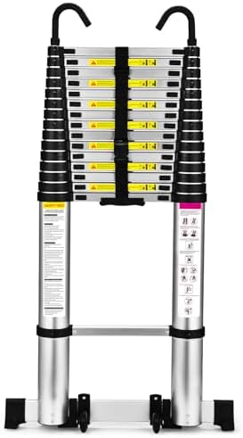 Telescoping Ladder, SocTone 20.3 FT Aluminum Lightweight Extension Ladder with Wheels and Stabilizer Bar, Heavy Duty 330lbs Max Capacity, Multi-Purpose Collapsible Ladder for RV or Outdoor Work
