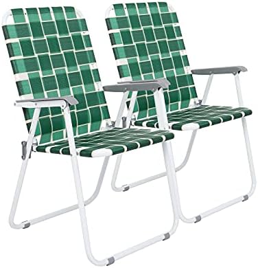VINGLI Patio Lawn Webbed Folding Chairs Set of 2, Outdoor Beach Chair Portable Dining Chair for Outdoor Yard, Garden (Dark Green, Classic)