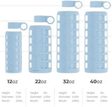 purifyou 40/32/22/12 oz Borosilicate Glass Water Bottles with Volume Markers, Silicone Sleeve, Stainless Steel Lid, Reusable Bottle for Water, Juice, Gym, and Fridge Storage (22oz Ice Blue)