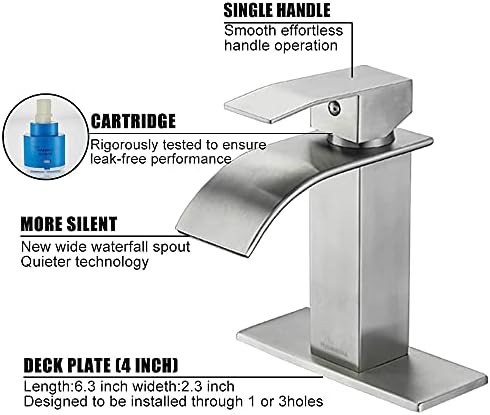 Bathroom Faucet Brushed Nickel Modern Waterfall Bathroom Sink Faucet with Single Handle Suitable for 1 or 3 Holes,Supply Deck Plate and Hose