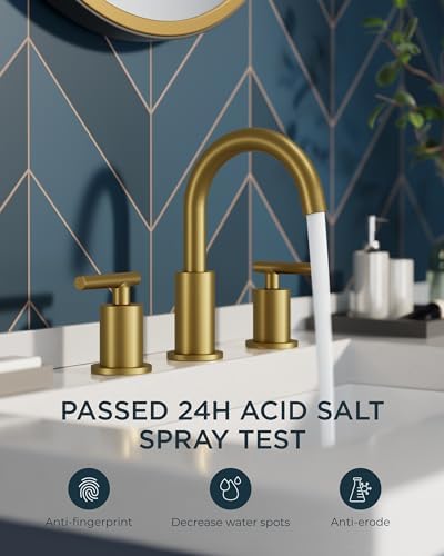 FORIOUS 8 Inch Widespread Brushed Gold Bathroom Faucet 3 Hole, 2 Handle Gold Sink Faucet Bathroom Vanity with 360 Degree Swivel Spout, with Metal Pop Up Drain and cUPC Supply Line, for 6 to 12 In Sink