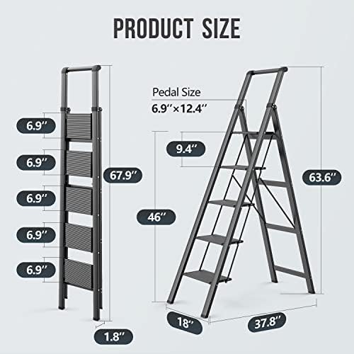WOA WOA 5 Step Ladder, Ladders for Home, Anti-Slip Pedals, Aluminum Step Stool Foldable, Lightweight to Move, Ease of Storage, Reach 10ft for Closet Kitchen Library, Hold 300lbs - Black
