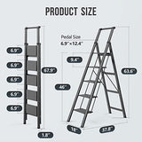 WOA WOA 5 Step Ladder, Ladders for Home, Anti-Slip Pedals, Aluminum Step Stool Foldable, Lightweight to Move, Ease of Storage, Reach 10ft for Closet Kitchen Library, Hold 300lbs - Black