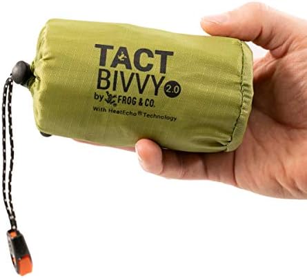 Survival Frog Tact Bivvy 2.0 Emergency Sleeping Bag w/Stuff Sack, Carabiner, Survival Whistle, ParaTinder - Compact, Lightweight, Waterproof, Reusable, Thermal Bivy Sack Cover, Shelter Kit