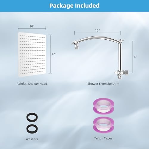 Hibbent All Metal Rain Shower Head, 12'' High Pressure Rainfall Square Showerhead with 16" Shower Head Extension Arm, Solid Brass Adjustable Shower Arm Extender, Waterfall fixed Showerheads, Chrome