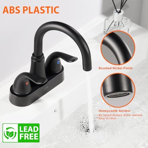 KPW Bathroom Sink Faucet 2 or 3 Hole Matte Black Centerset 4 Inch Bathroom Sink Faucet 2 Handle Plating Over ABS Plastic Non-Metallic Lavatory Bathroom Faucet with Pop up Drain Water Supply Hoses