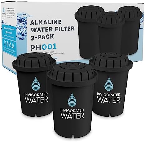 PH001 - Black Alkaline Water Filter – Replacement Filters for All Invigorated Water Pitcher & Dispenser Filtration Systems – BPA-Free, Removes Chlorine, Heavy Metals – 95 Gallons per Filter (3-Pack)