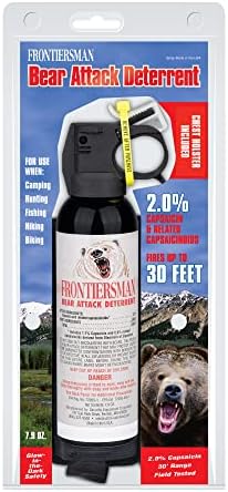 SABRE Frontiersman 7.9 fl oz. Bear Spray, Maximum Strength 2.0% Major Capsaicinoids, Powerful 30 ft. Range Bear Deterrent, Outdoor Camping & Hiking Protection, Quick Draw Holster & Multipack Options