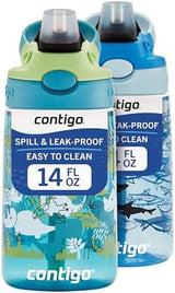 Contigo Aubrey Kids Dinos & Sharks Cleanable Water Bottle with Silicone Straw Spill-Proof Lid Dishwasher Safe 14oz 2-Pack