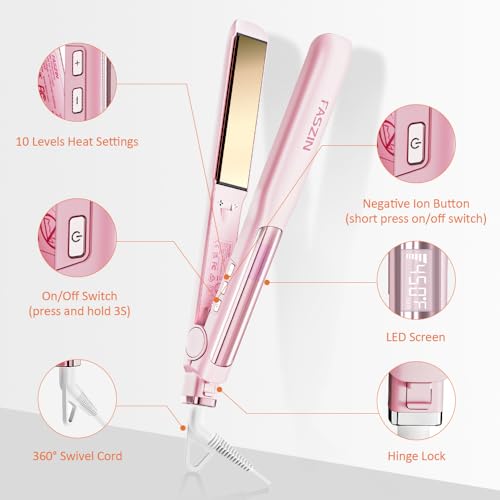 Faszin Professional Hair Straightener, 1.18 inch Ionic Titanium Plate, 20S Fast Heat Up Flat Iron with Clear LED Display, 2 in 1 Straightener and Curler Styling Tool for Straighten Hair (Pink)