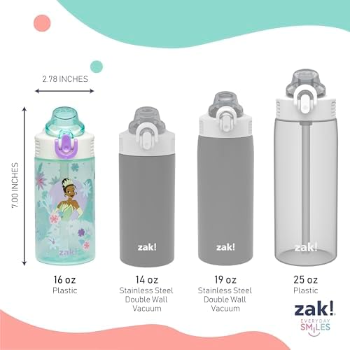 Zak Designs Disney Princess Sage Kids Water Bottle For School or Travel, 16oz Durable Plastic With Straw and Leak-Proof Spout Cover, 2-Pack (Ariel, Cinderella, Jasmine, Moana, Rapunzel, Tiana)