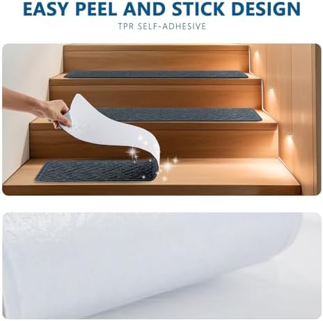 Stair Treads for Wooden Steps Indoor, 15 Pack 8" X 30" Non Slip Carpet Stair Treads with Reusable Adhesive for Kids Elders and Dogs, Surface Polyester TPR Backing Stair Rugs