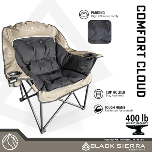 Black Sierra Oversized Camping Chair for Adults, Heavy Duty Outdoor Seat with Plush Padding, Supports 400lbs, Cup Holders & Carry Bag, Comfortable Folding Chair for Tailgating, Patio & Sideline Events