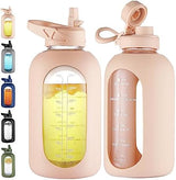 CIVAGO 64 oz Glass Water Bottle Jug with Straw and Handle, Half Gallon Sports Motivational Bottle with Time Marker and 2 Lids, Large Flask Canteen with Silicone Sleeve for Gym, Beige