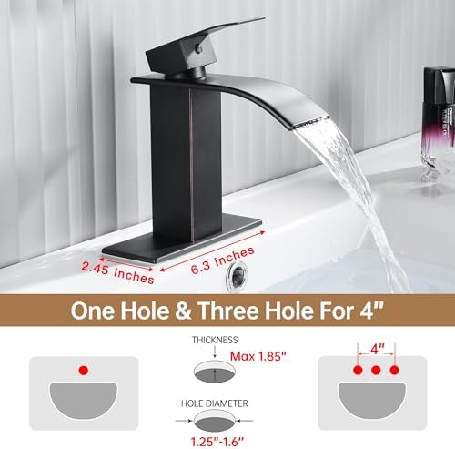 Fransiton Oil Rubbed Bronze Waterfall Bathroom Faucet Lavatory Single Handle 1 or 3 Hole Bathroom Sink Faucet Washbasin Faucet with Deck and Pop-up Drain (Short, Oil Rubbed Bronze)