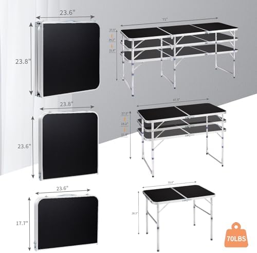 3.0 Ft Folding Portable Camping Table with Adjustable Height Legs, RV Dining Tables, Grill, DJ, BBQ, Dining, Picnic, Cooking, Beach, Garden, Black