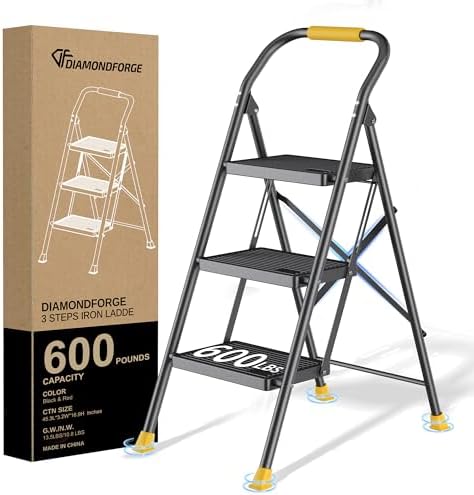 Step Ladder Foldable Folding Stool - for Home Adults Kitchen 3 Stepping Extension Tall Heavy Duty with Handrails - Closet Stepstool Stair Ladders Extendable Stepladder for Indoor House 600Lbs