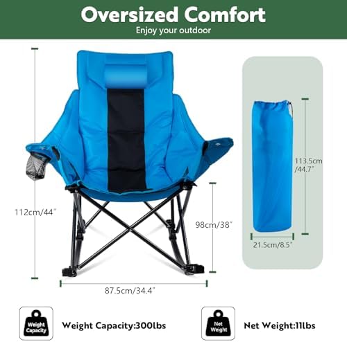 VITESSE Oversized Rocking Camping Chair, Luxury Padded Recliner,Oversized Folding Lawn Chair with Pocket and Carry Bag,Outdoor Camp Rocker Chairs for Adults Heavy Duty 300 LBS (Blue)