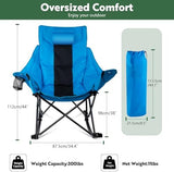 VITESSE Oversized Rocking Camping Chair, Luxury Padded Recliner,Oversized Folding Lawn Chair with Pocket and Carry Bag,Outdoor Camp Rocker Chairs for Adults Heavy Duty 300 LBS (Blue)