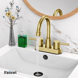 Gold Bthroom Faucet, Brushed Gold Bathroom Faucet, Gold Faucets for Bathroom Vanity, 4 Inch 2 Handle Centerset, Lead-Free, with Copper Pop Up Drain (Brushed Gold)