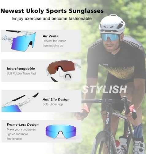 Ukoly Cycling Sunglasses for Men Women with 3 Interchangeable Lenses, Polarized Sports Sunglasses, Baseball Sunglasses